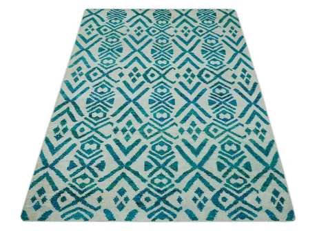 Blue and Ivory 5.6x8 Traditional Ikat design Hand Knotted wool area rug