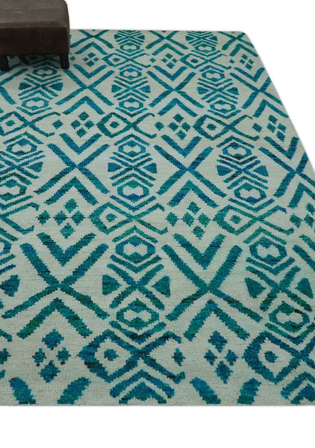 Blue and Ivory 5.6x8 Traditional Ikat design Hand Knotted wool area rug