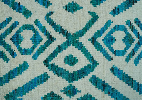 Blue and Ivory 5.6x8 Traditional Ikat design Hand Knotted wool area rug