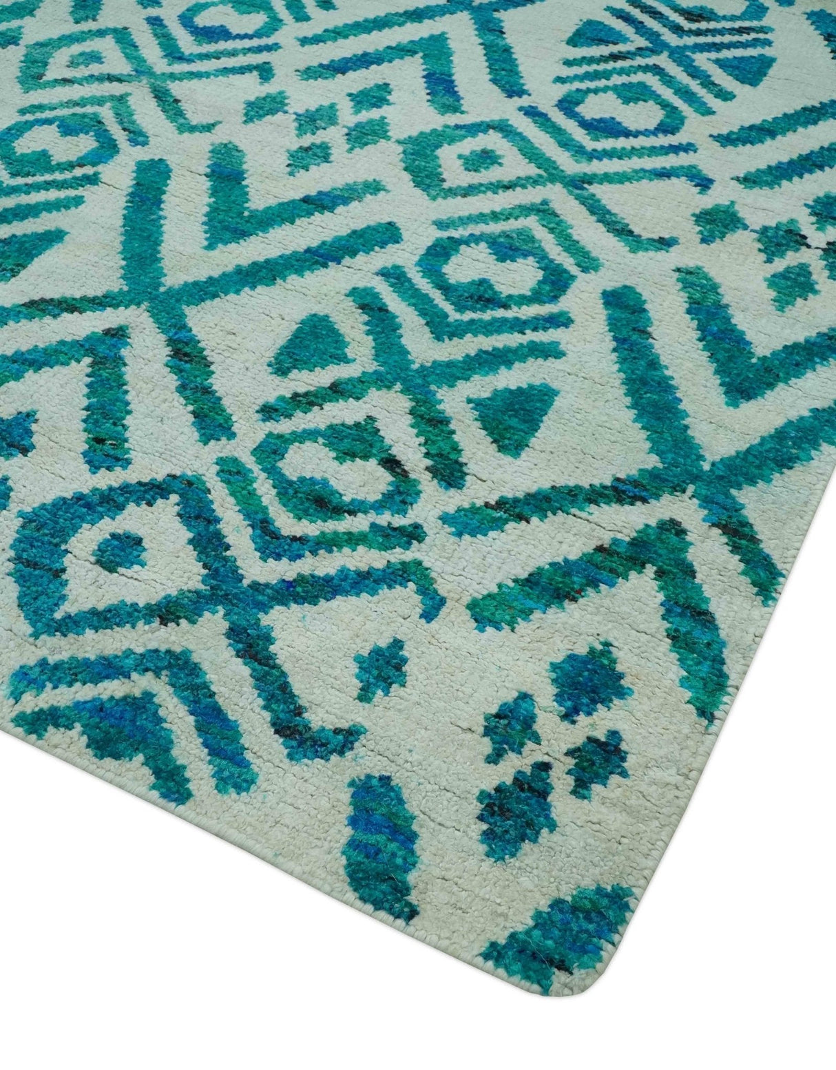 Blue and Ivory 5.6x8 Traditional Ikat design Hand Knotted wool area rug