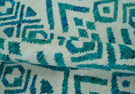 Blue and Ivory 5.6x8 Traditional Ikat design Hand Knotted wool area rug