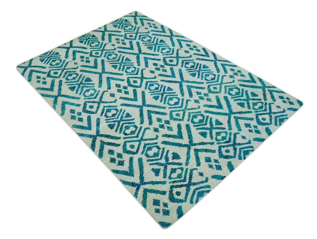 Blue and Ivory 5.6x8 Traditional Ikat design Hand Knotted wool area rug