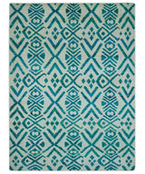 Blue and Ivory 5.6x8 Traditional Ikat design Hand Knotted wool area rug