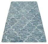 Blue and Ivory Modern Geometric Hand Tufted Natural Wool Rug