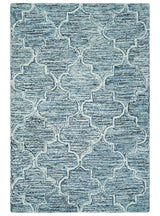 Blue and Ivory Modern Geometric Hand Tufted Natural Wool Rug