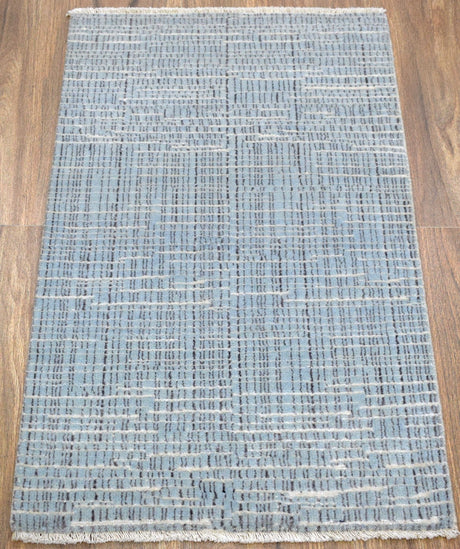 Blue and Ivory Modern Pattern Hand Knotted Wool 2x3 Area Rug