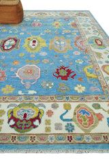 Blue and Ivory Traditional Oushak Hand Knotted Wool Area Rug