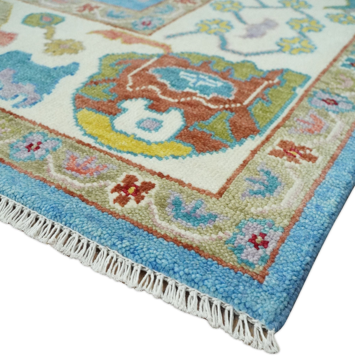 Blue and Ivory Traditional Oushak Hand Knotted Wool Area Rug