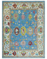 Blue and Ivory Traditional Oushak Hand Knotted Wool Area Rug