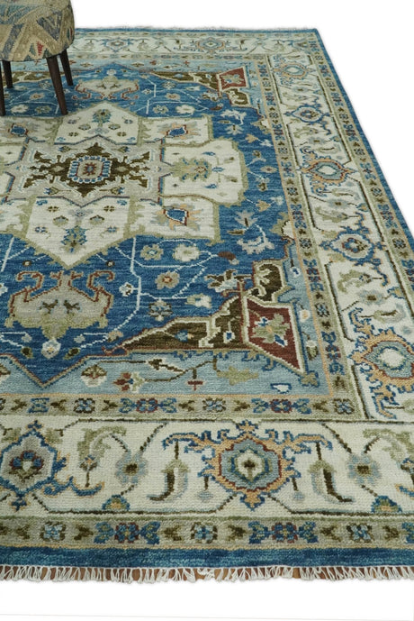 Blue and Ivory Traditional Persian Design Hand knotted Wool Area Rug