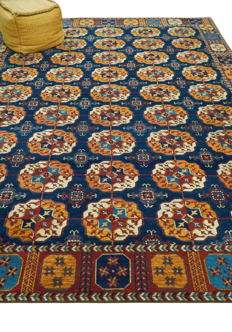 Blue And Mustard Traditional Medallion Design 8x10 Hand Knotted wool Area Rug