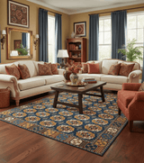 Blue And Mustard Traditional Medallion Design 8x10 Hand Knotted wool Area Rug
