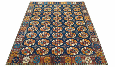 Blue And Mustard Traditional Medallion Design 8x10 Hand Knotted wool Area Rug