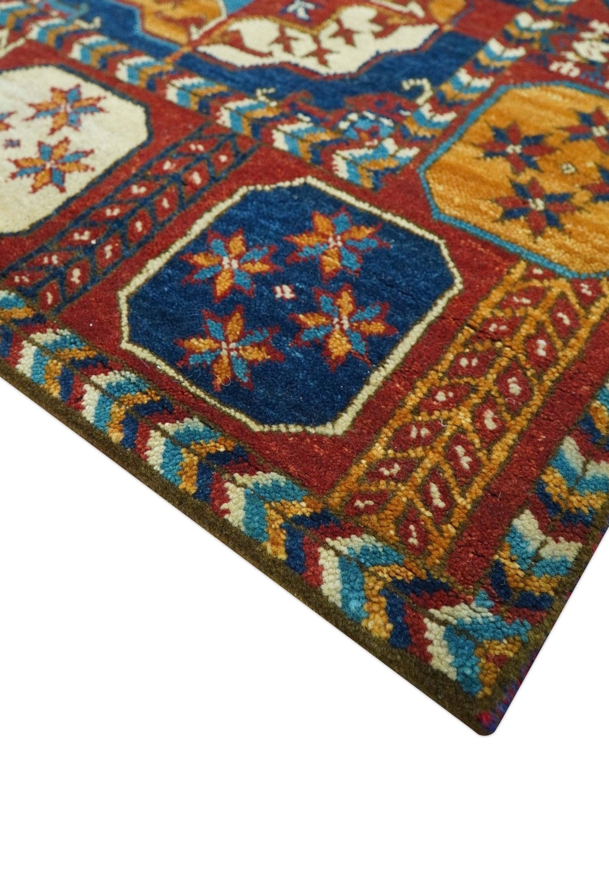 Blue And Mustard Traditional Medallion Design 8x10 Hand Knotted wool Area Rug
