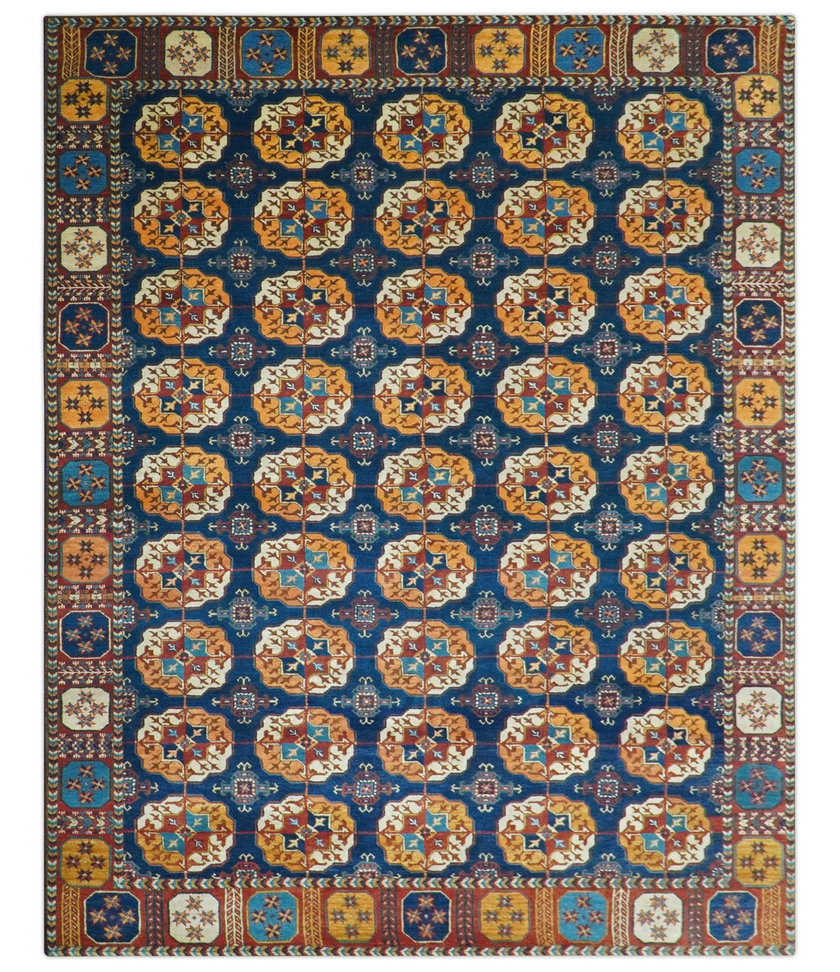 Blue And Mustard Traditional Medallion Design 8x10 Hand Knotted wool Area Rug