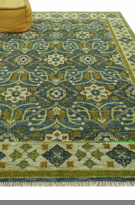 Blue and Olive Traditional motifs design Custom Made wool area rug
