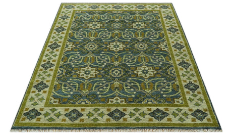 Blue and Olive Traditional motifs design Custom Made wool area rug