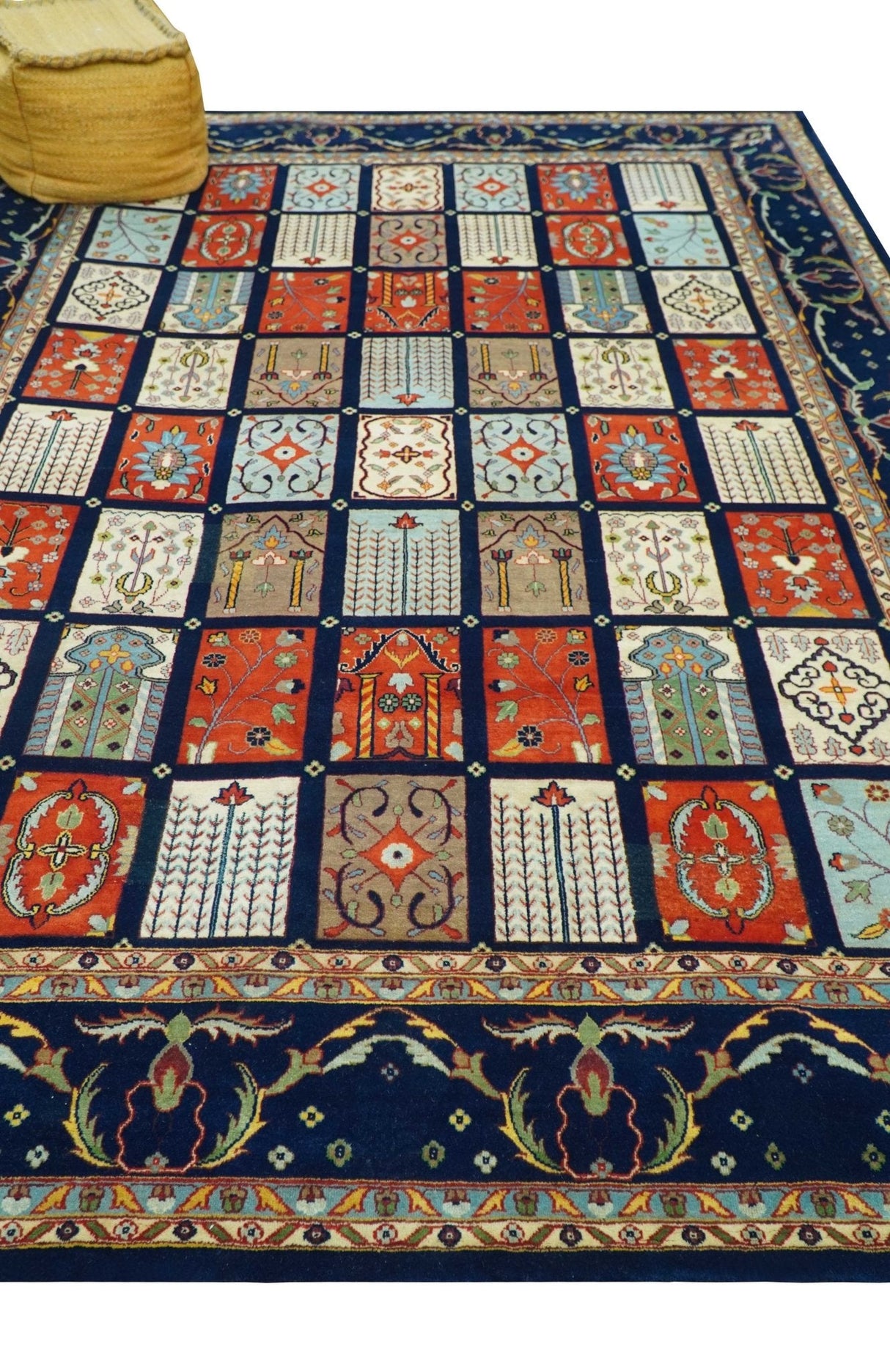 Blue And Orange Traditional Floral Design 8x11 Hand Knotted wool Area Rug