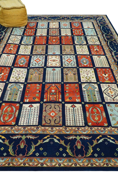 Blue And Orange Traditional Floral Design 8x11 Hand Knotted wool Area Rug