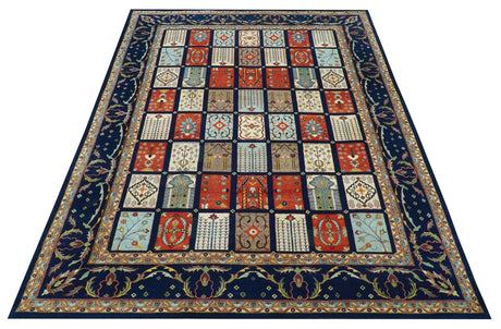 Blue And Orange Traditional Floral Design 8x11 Hand Knotted wool Area Rug