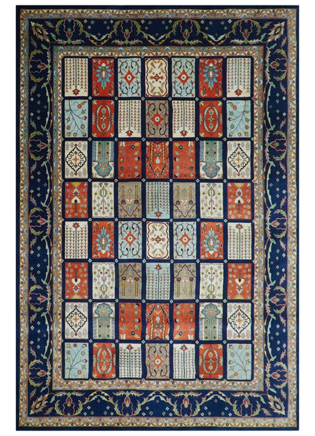 Blue And Orange Traditional Floral Design 8x11 Hand Knotted wool Area Rug