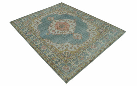 Blue And Peach Traditional Turkish Design Hand Knotted 8x10 Wool Area Rug