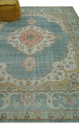 Blue And Peach Traditional Turkish Design Hand Knotted 8x10 Wool Area Rug