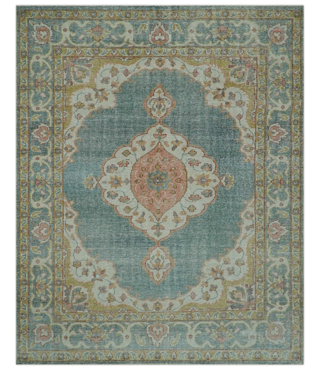 Blue And Peach Traditional Turkish Design Hand Knotted 8x10 Wool Area Rug