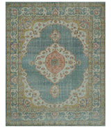 Blue And Peach Traditional Turkish Design Hand Knotted 8x10 Wool Area Rug