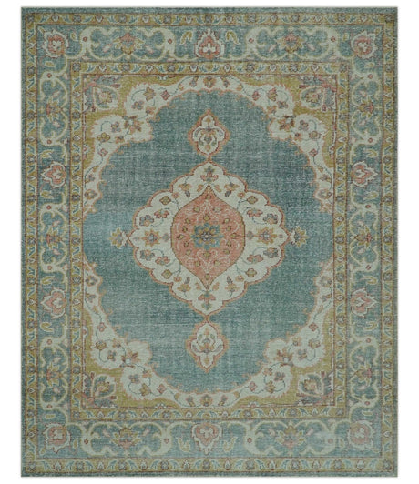 Blue And Peach Traditional Turkish Design Hand Knotted 8x10 Wool Area Rug