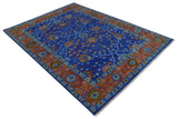 Blue and Rust Hand Knotted Traditional Floral Oushak Multi Size Wool Area Rug
