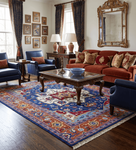 Blue and Rust Hand Knotted Traditional Heriz Multi Size wool Area Rug