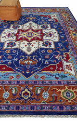 Blue and Rust Hand Knotted Traditional Heriz Multi Size wool Area Rug