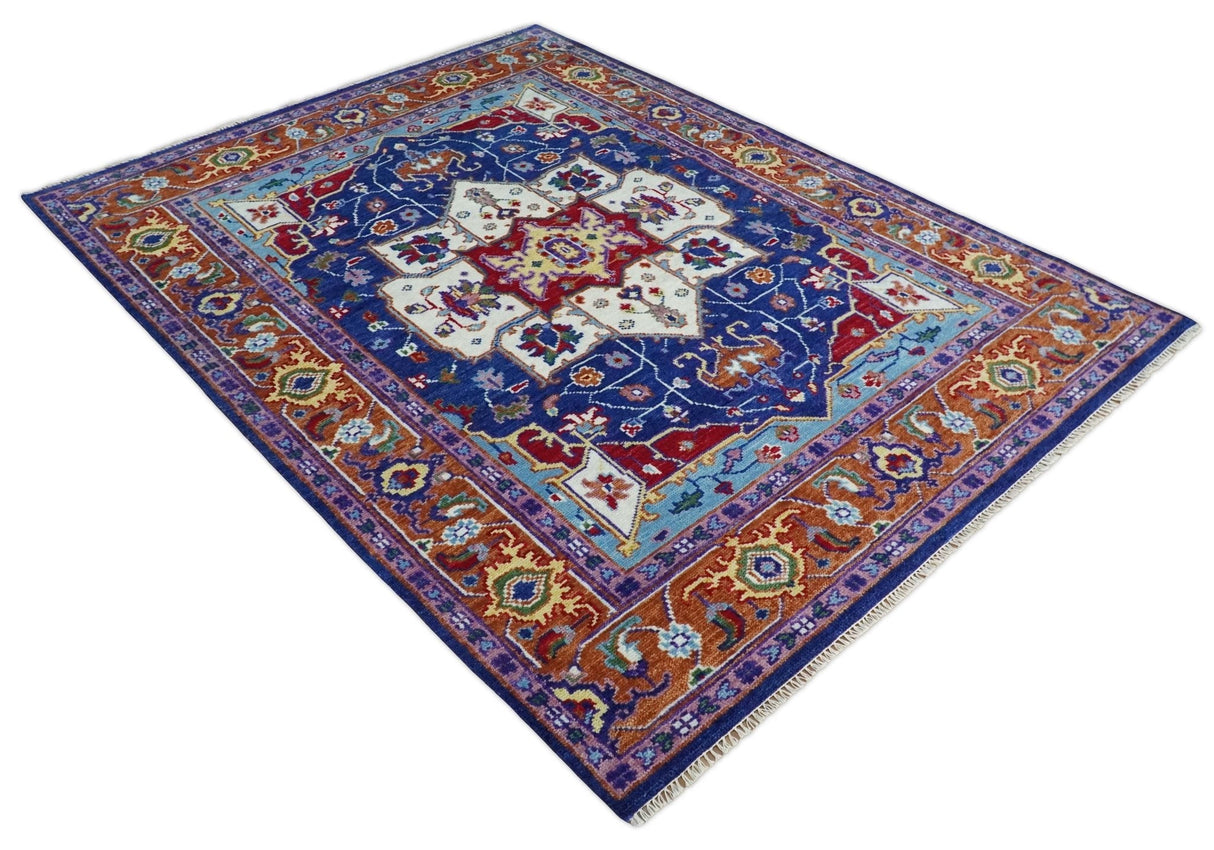 Blue and Rust Hand Knotted Traditional Heriz Multi Size wool Area Rug