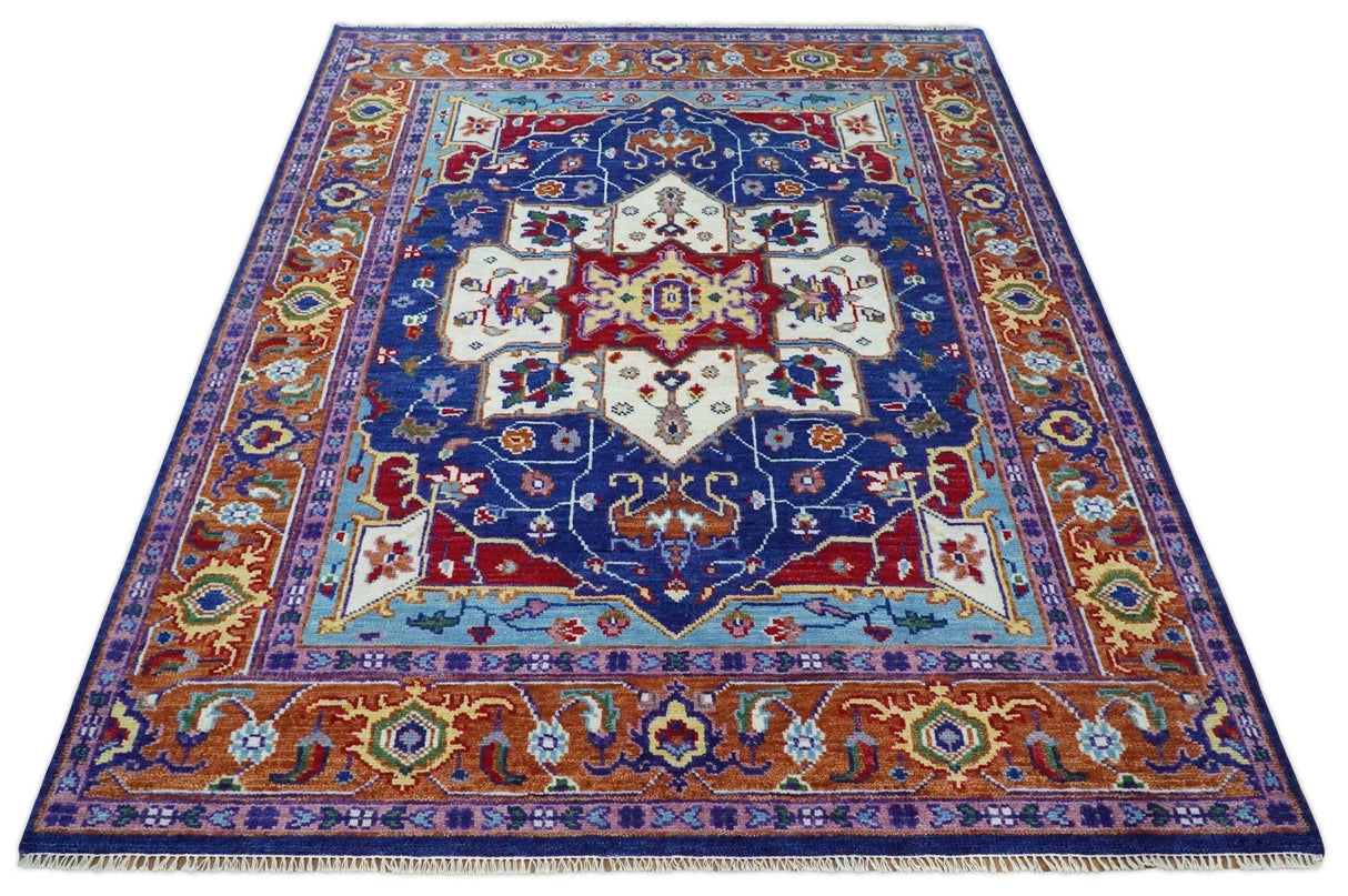 Blue and Rust Hand Knotted Traditional Heriz Multi Size wool Area Rug