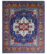 Blue and Rust Hand Knotted Traditional Heriz Multi Size wool Area Rug