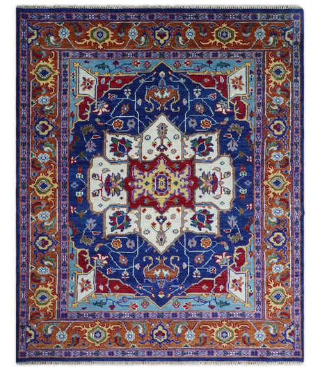 Blue and Rust Hand Knotted Traditional Heriz Multi Size wool Area Rug