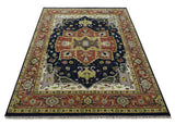Blue and Rust Hand Knotted Traditional Heriz Style Multi Size Wool Area Rug