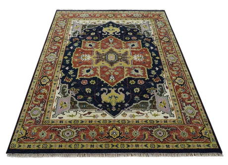 Blue and Rust Hand Knotted Traditional Heriz Style Multi Size Wool Area Rug