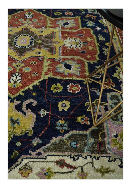 Blue and Rust Hand Knotted Traditional Heriz Style Multi Size Wool Area Rug