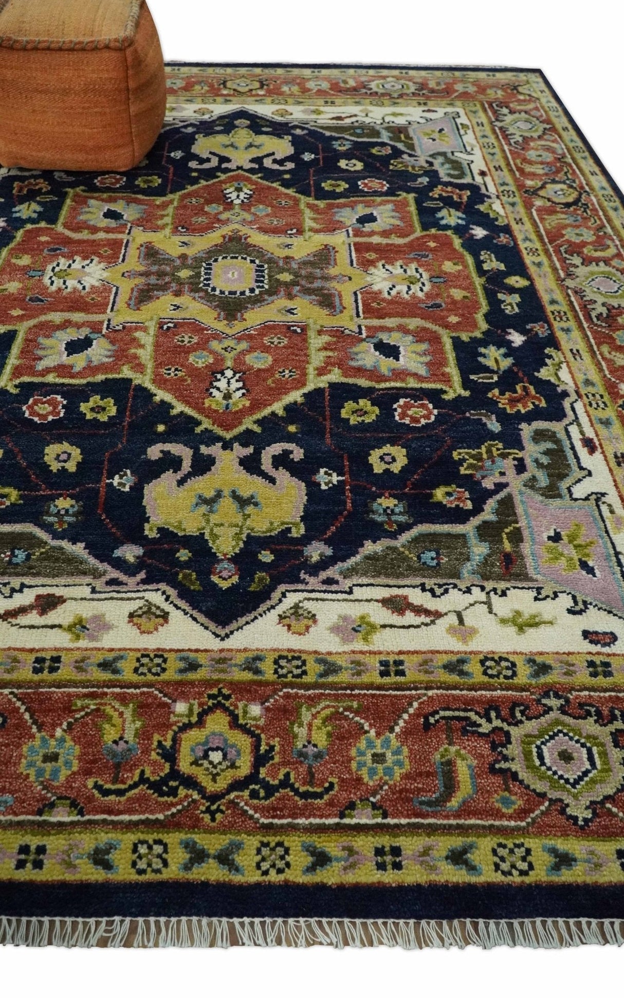 Blue and Rust Hand Knotted Traditional Heriz Style Multi Size Wool Area Rug