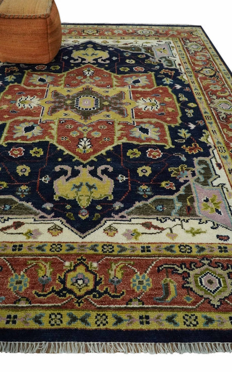 Blue and Rust Hand Knotted Traditional Heriz Style Multi Size Wool Area Rug