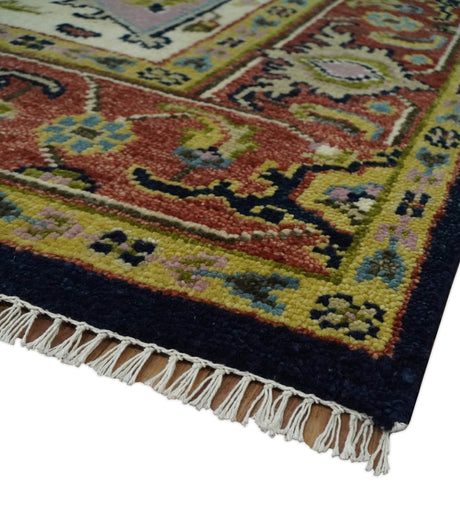 Blue and Rust Hand Knotted Traditional Heriz Style Multi Size Wool Area Rug