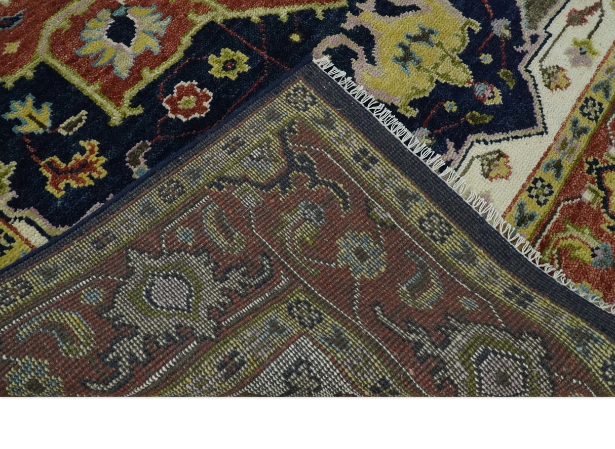 Blue and Rust Hand Knotted Traditional Heriz Style Multi Size Wool Area Rug