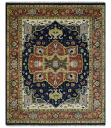 Blue and Rust Hand Knotted Traditional Heriz Style Multi Size Wool Area Rug