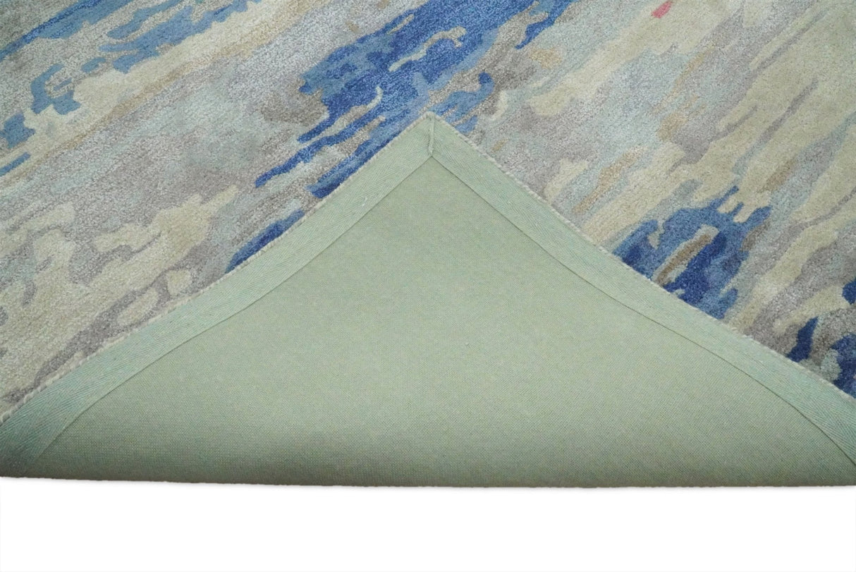 Blue and Silver Modern Abstract Hand Tufted Wool and Art Silk 5x8 Area Rug