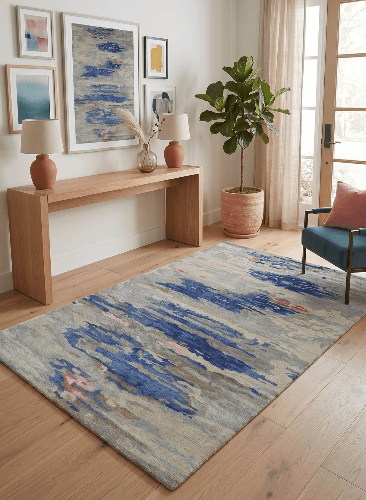 Blue and Silver Modern Abstract Hand Tufted Wool and Art Silk 5x8 Area Rug