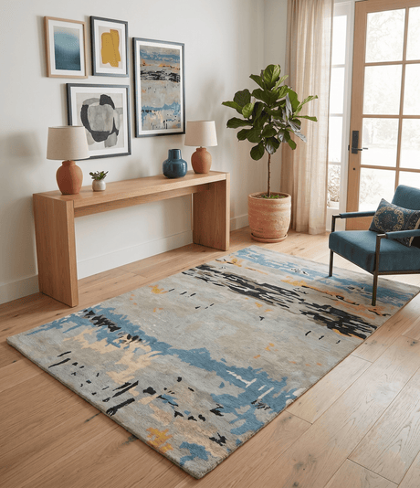 Blue and Silver Modern Abstract Hand Tufted Wool and Art Silk 5x8 Area Rug