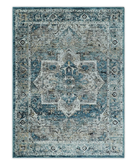 Blue, Beige and Black Antique Finish, Vintage look, Art Silk Area Rug, Living Room Rug | TRDMM1-Area Rug-Parc Decor