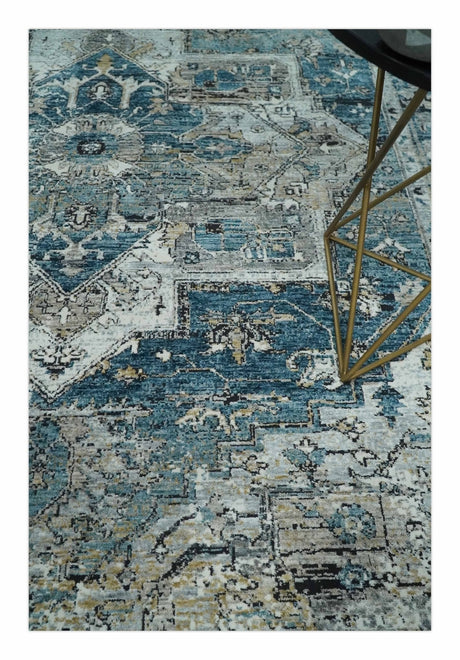 Blue, Beige and Black Antique Finish, Vintage look, Art Silk Area Rug, Living Room Rug | TRDMM1-Area Rug-Parc Decor